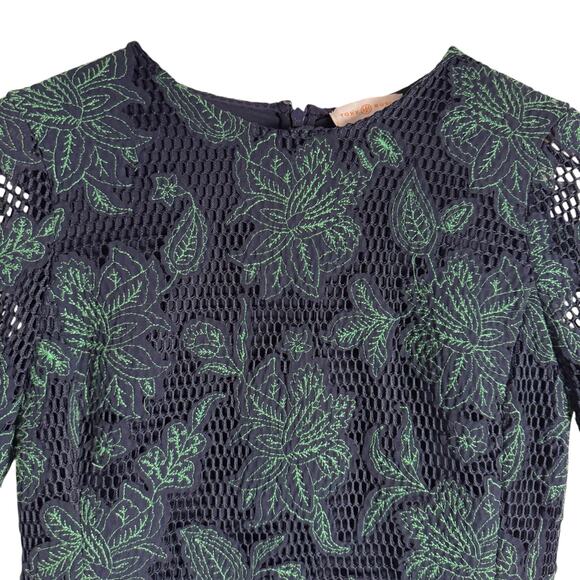 Tory Burch Blue Green Floral Lace Appliqué Fishnet Sheath Knee Length Dress 2 - Picture 12 of 16